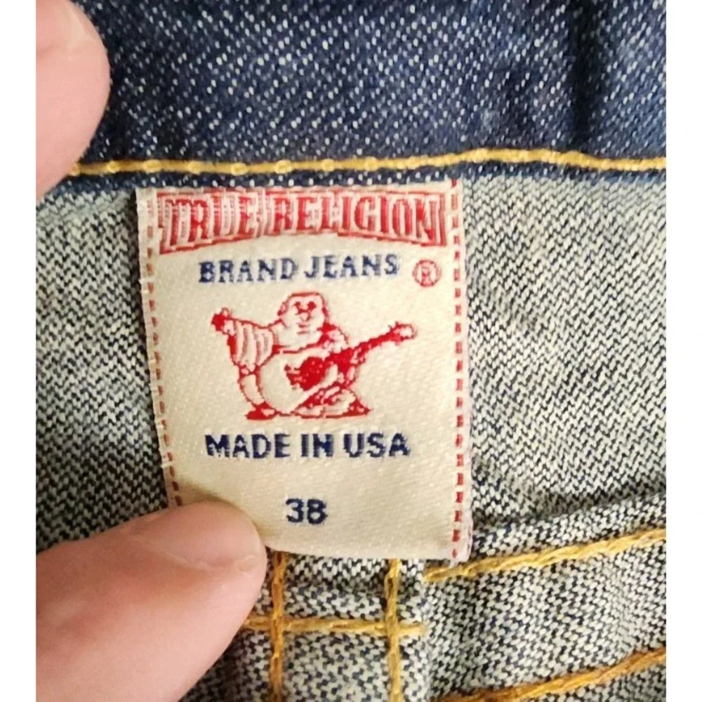 True Religion Joey Flare Jeans Mens 38x30 Raw Denim Made in USA Orange‎ Stitch